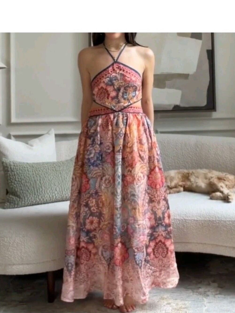 Sz S NEW H&M Cutout Halterneck Dress Light Orange/Paisley